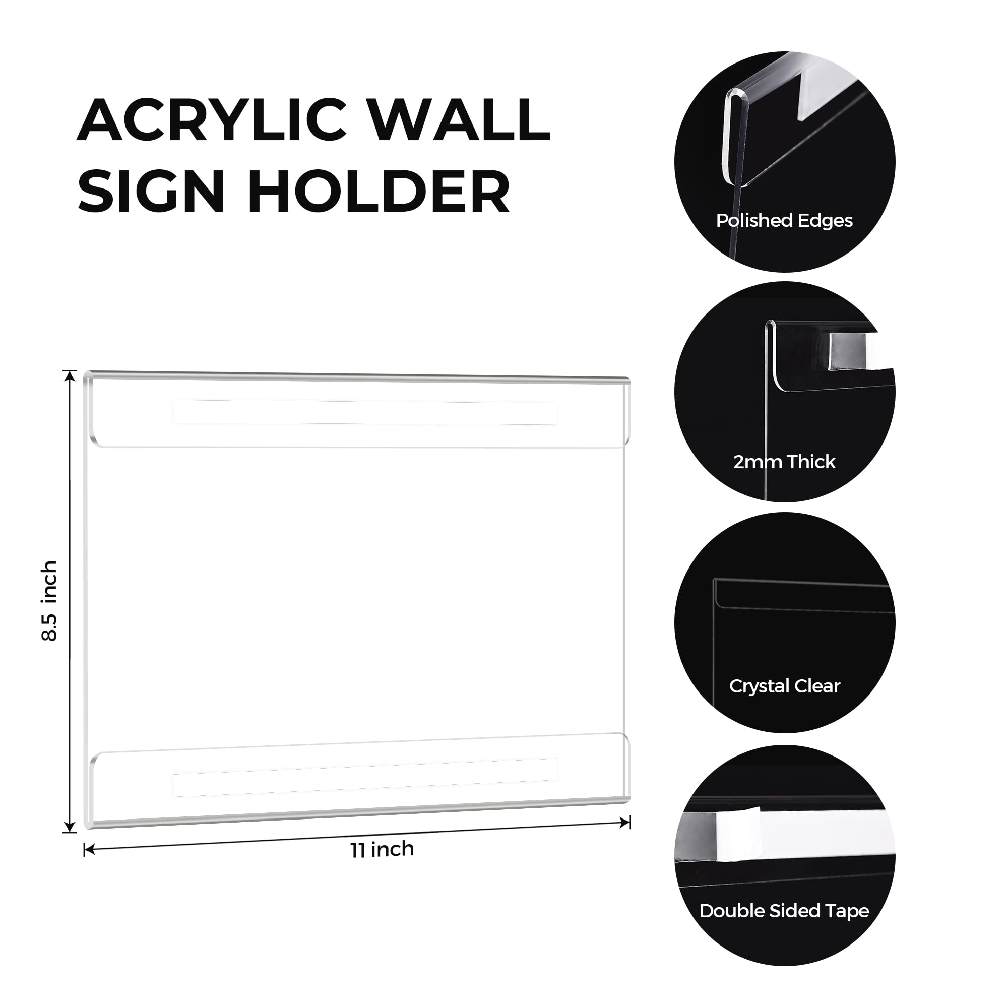 12 Pack 11x8.5 Acrylic Sign Holder Wall Mount, Horizontal Plastic Wall Signs Acrylic Frame Photo Menu Flyer Display Holders with Adhesive Tape for Office, Home, Store, Restaurant - No Drilling