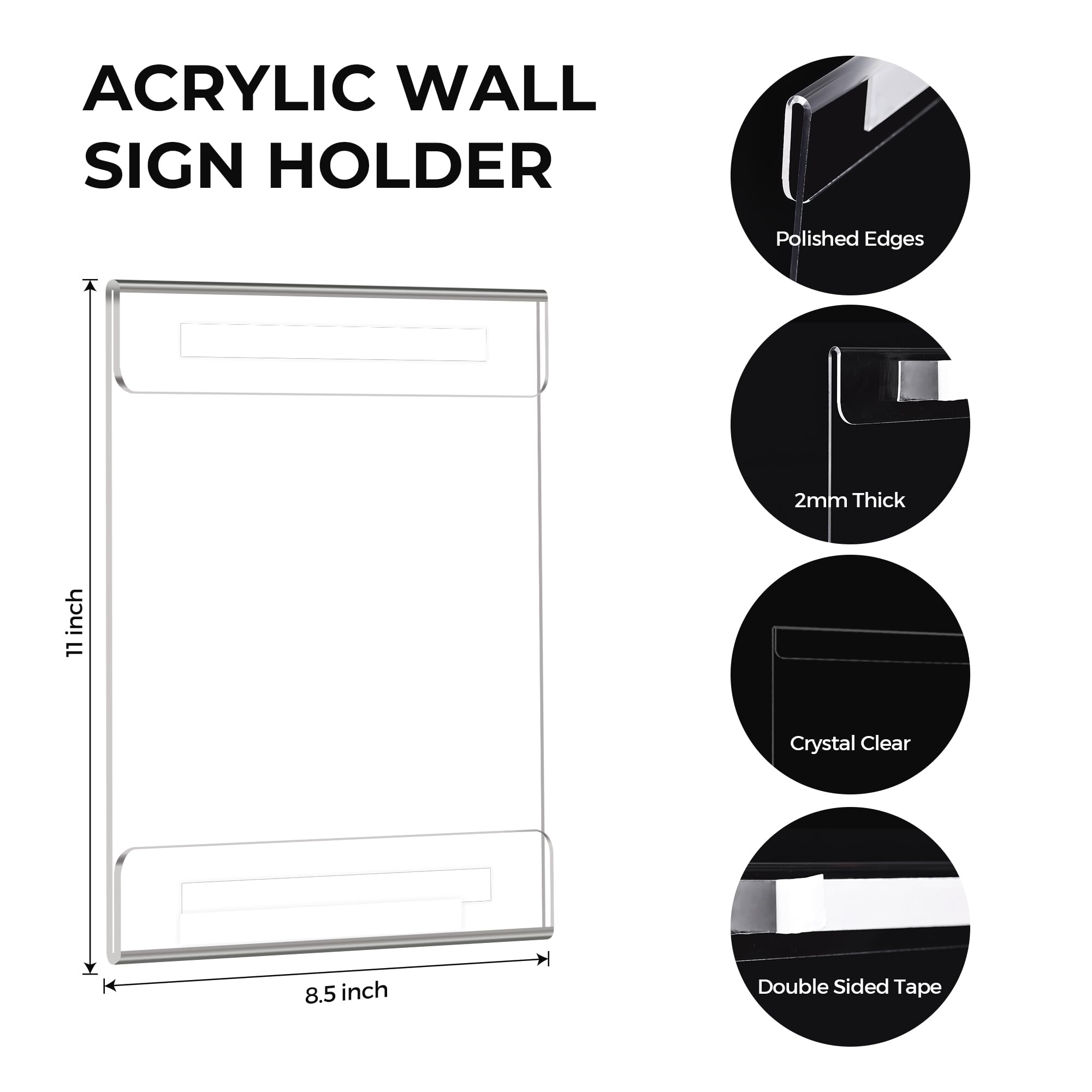 12 Pack 8.5x11 Acrylic Sign Holder Wall Mount, Plastic Wall Signs Acrylic Frame Photo Menu Flyer Display Holders with Adhesive Tape for Office, Home, Store, Restaurant - No Drilling