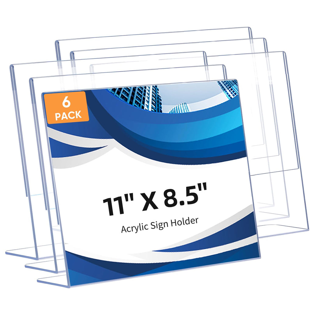 6 Pack L Shape Slanted Back 11x8.5 Plastic Sign Holders with Anti-Slip Pads, Business & Store Acrylic Tabletop Display Stand for Flyers, Menus, Documents, Price, Promotions, Wedding, Party Decoration