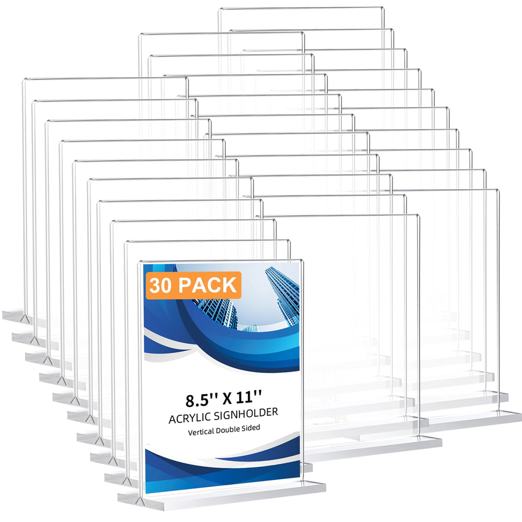 30 Pack Acrylic Sign Holder 8.5 x 11, Double-Sided Clear Sign Holder Plastic Stands for Display, T Shape Acrylic Table Sign Stands for Office Store Restaurants Wedding Party Decoration