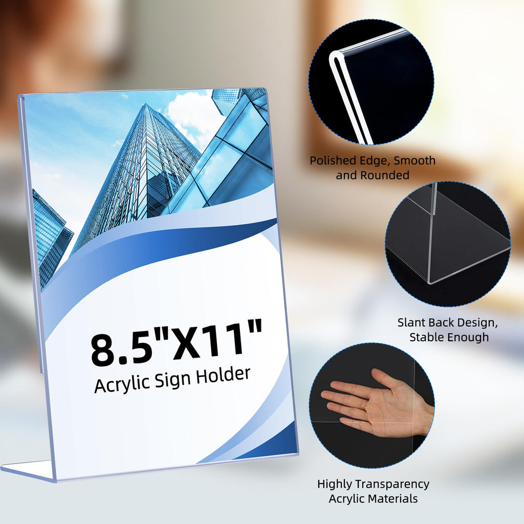 6 Pack Acrylic Sign Holder 8.5 x 11, Clear Plastic Display Stands for Tabletop, L-Shape Acrylic Stands for Flyers, Documents, Office, Restaurants, Vertical Sign Holder 8.5x11 for Desktop