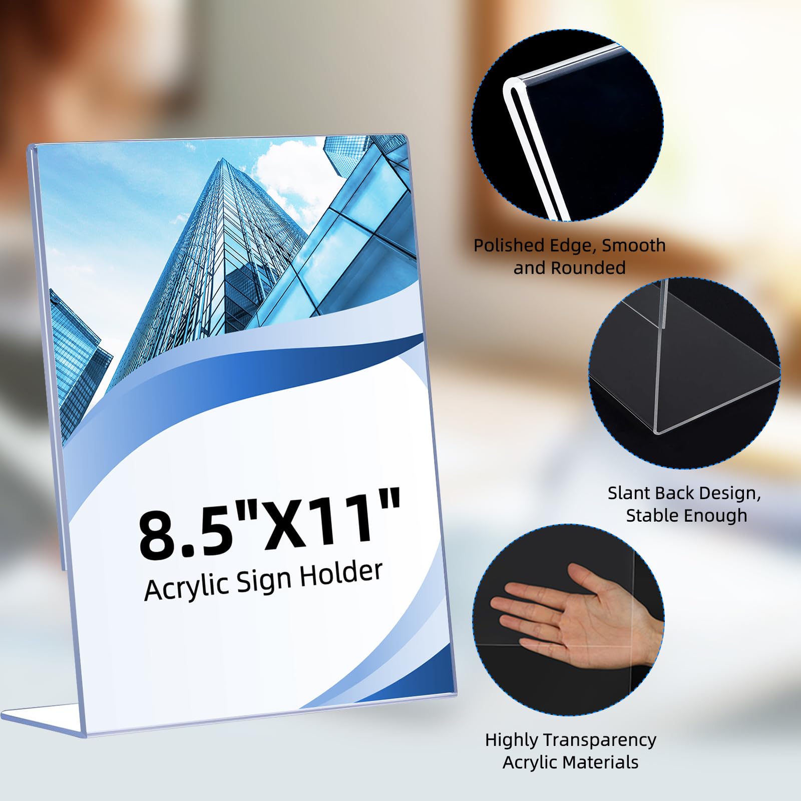 6 Pack Acrylic Sign Holder 8.5 x 11, Clear Plastic Display Stands for Tabletop, L-Shape Acrylic Stands for Flyers, Documents, Office, Restaurants, Vertical Sign Holder 8.5x11 for Desktop
