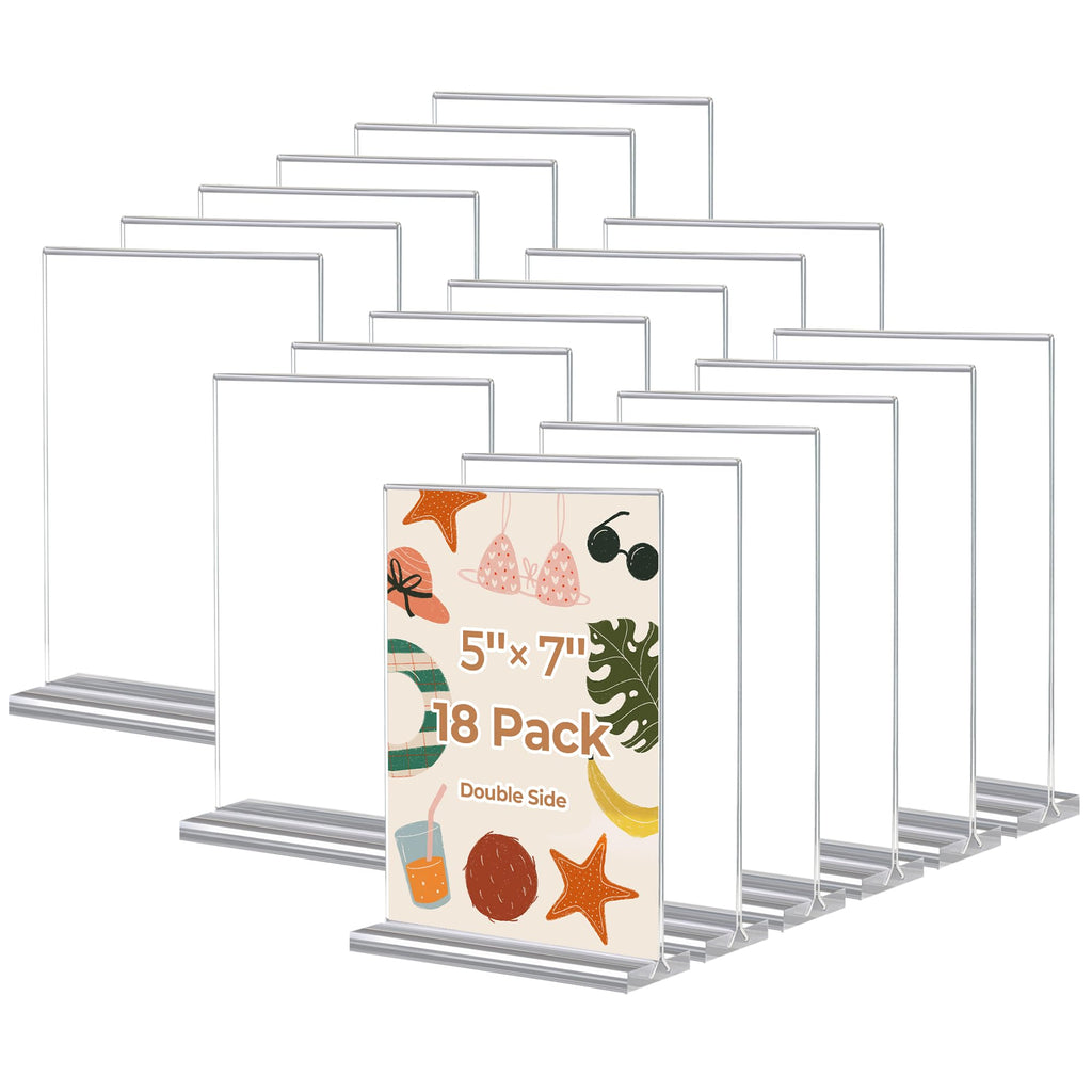 18 Pack Acrylic Sign Holder 5 x 7, Double-Sided Clear Sign Holder Plastic Stands for Display, T Shape Acrylic Table Sign Stands for Office Store Restaurants Wedding Party Decoration