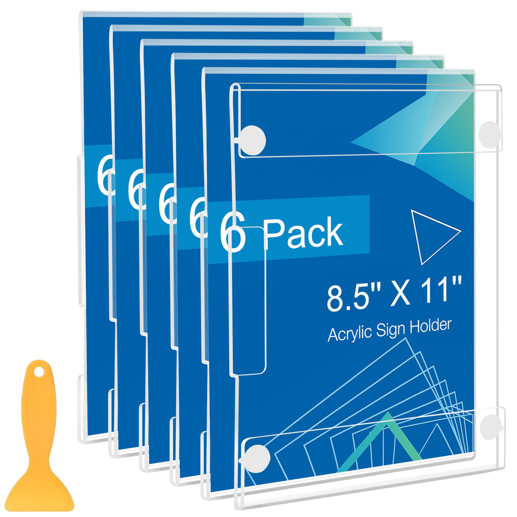 6 Pack Acrylic Sign Holder 8.5 x 11 Wall Mount, Vertical & Horizontal Use, Wall Sign Holder Memo Document Menu Holder for Office Store Restaurants Wedding Party Decoration, No Drilling