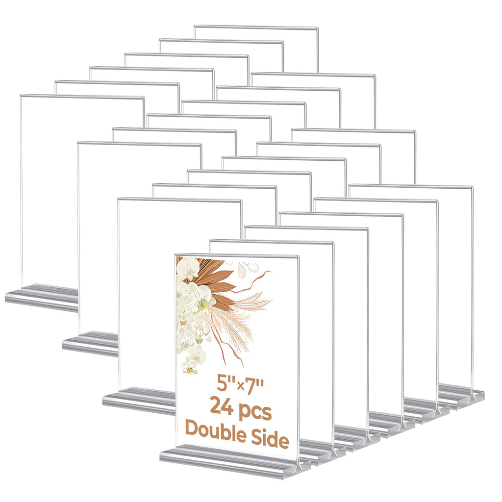 24 Pack Acrylic Sign Holder 5 x 7, Double-Sided Clear Sign Holder Plastic Stands for Display, T Shape Acrylic Table Sign Stands for Office Store Restaurants Wedding Party Decoration