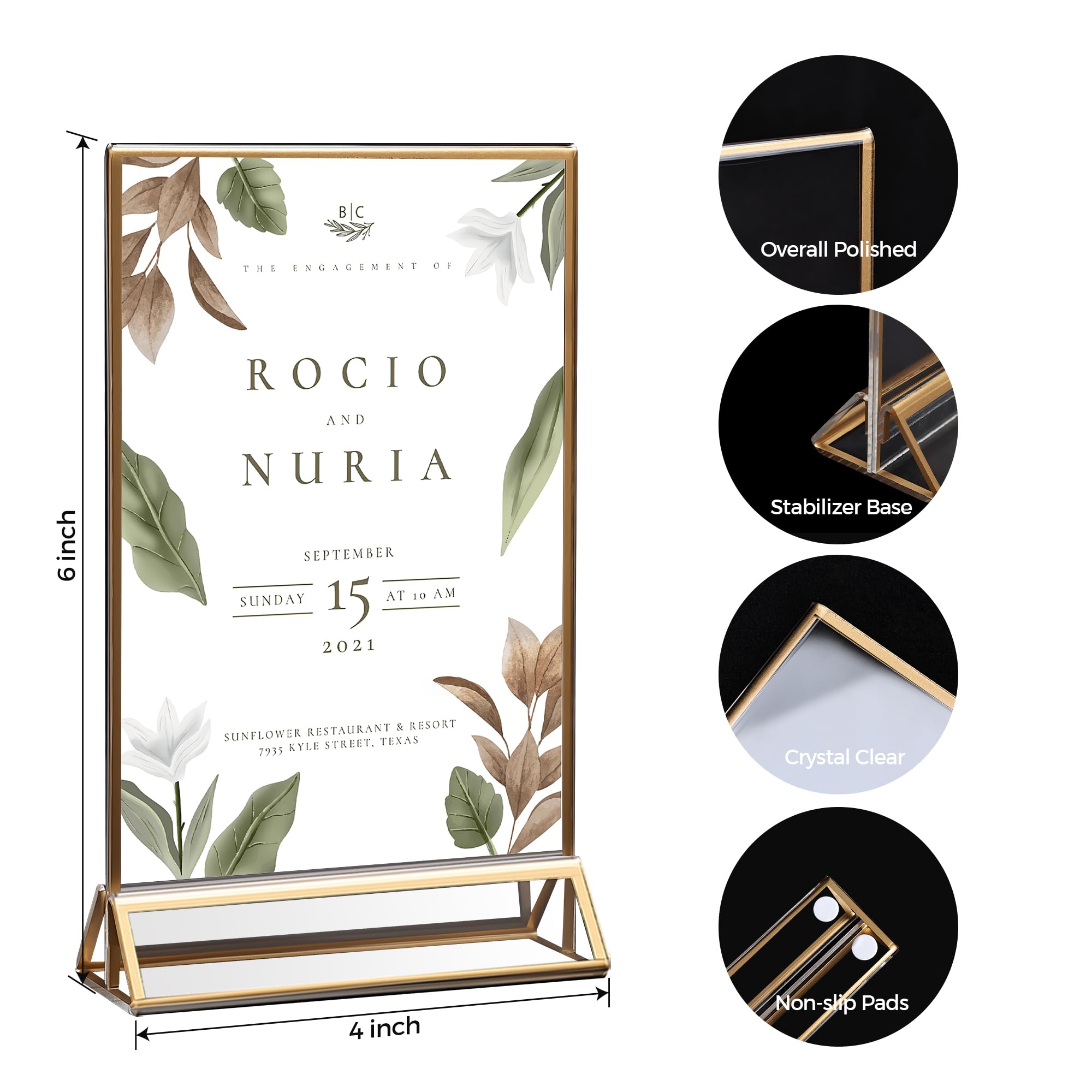 14 Pack Acrylic Sign Holder 4x6 Gold Frames, Wedding Table Number Holders Double Sided Vertical Clear Display Stand, Picture Holders for Tables, Menus, Flyers, Party and Office Decor