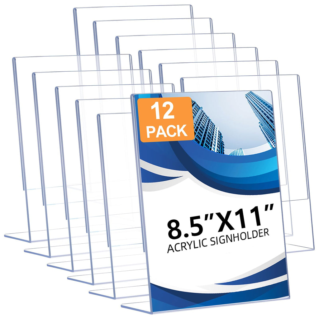 DECOHOBO 12 Pack Acrylic Sign Holder 8.5 x 11, Clear Plastic Display Stands for Tabletop, L-Shape Acrylic Stands for Flyers, Documents, Office, Restaurants, Vertical Sign Holder 8.5x11 for Desktop