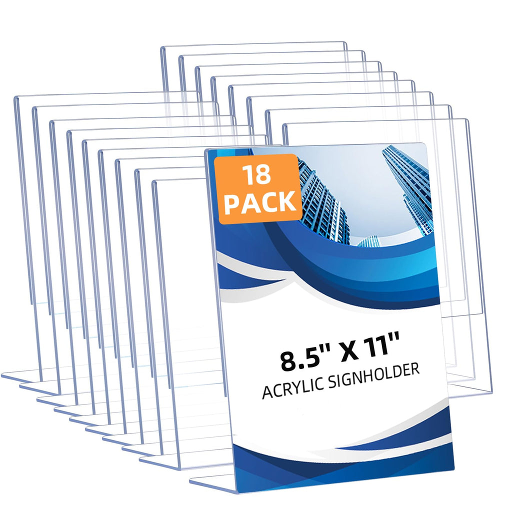 DECOHOBO 18 Pack Acrylic Sign Holder 8.5 x 11, Clear Plastic Display Stands for Tabletop, L-Shape Acrylic Stands for Flyers, Documents, Office, Restaurants, Vertical Sign Holder 8.5x11 for Desktop