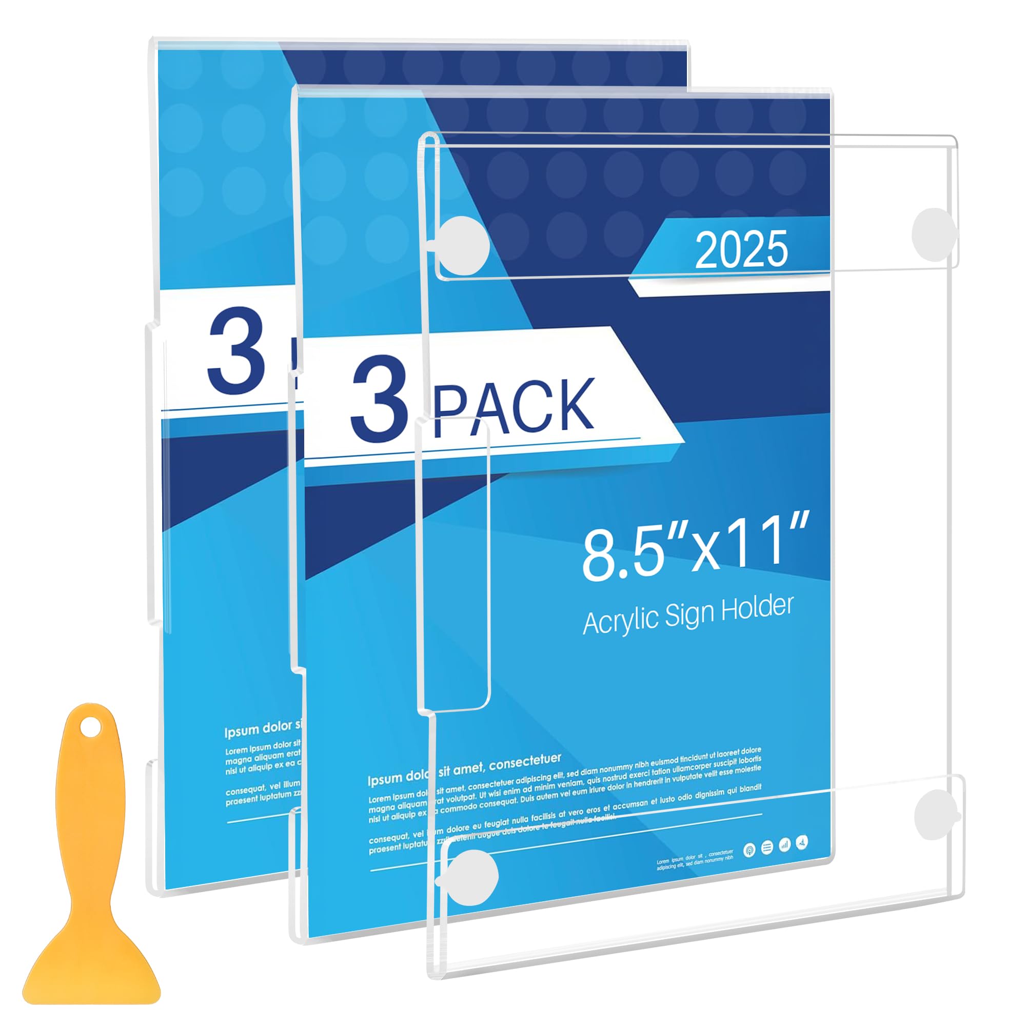 DECOHOBO Acrylic Sign Holder 8.5x11 Wall Mount with Strong Adhesive Tape, No Drilling Vertical & Horizontal Clear Plastic Frame for Office Home Store, Damage-Free Installation (3 Pack)
