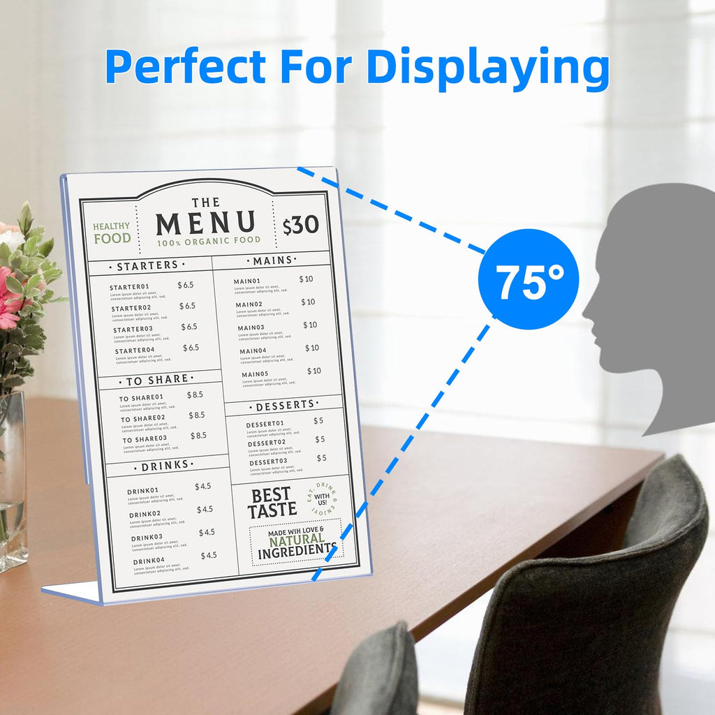 DECOHOBO 30 Pack Acrylic Sign Holder 8.5 x 11, Clear Plastic Display Stands for Tabletop, L-Shape Acrylic Stands for Flyers, Documents, Office, Restaurants, Vertical Sign Holder 8.5x11 for Desktop