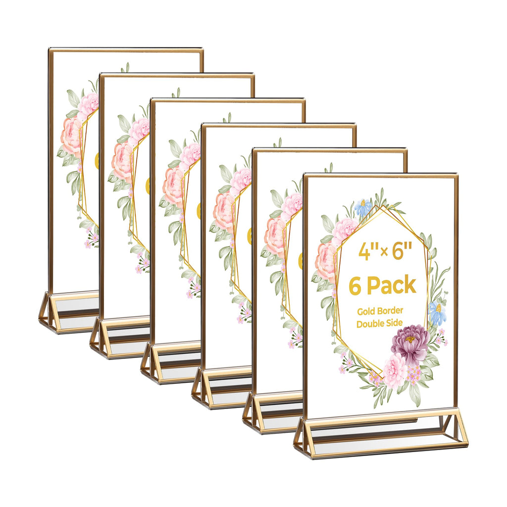 6 Pack Acrylic Sign Holder 4x6 Gold Frames, Wedding Table Number Holders Double Sided Vertical Clear Display Stand, Picture Holders for Tables, Menus, Flyers, Party and Office Decor