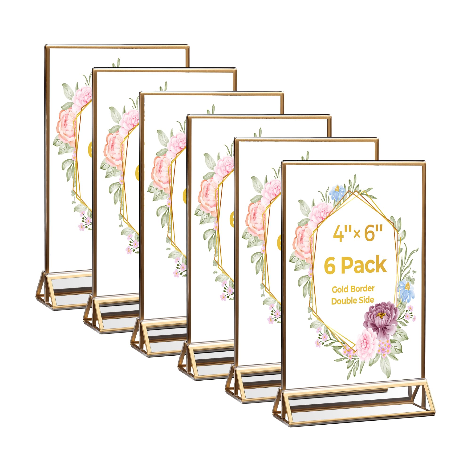 6 Pack Acrylic Sign Holder 4x6 Gold Frames, Wedding Table Number Holders Double Sided Vertical Clear Display Stand, Picture Holders for Tables, Menus, Flyers, Party and Office Decor