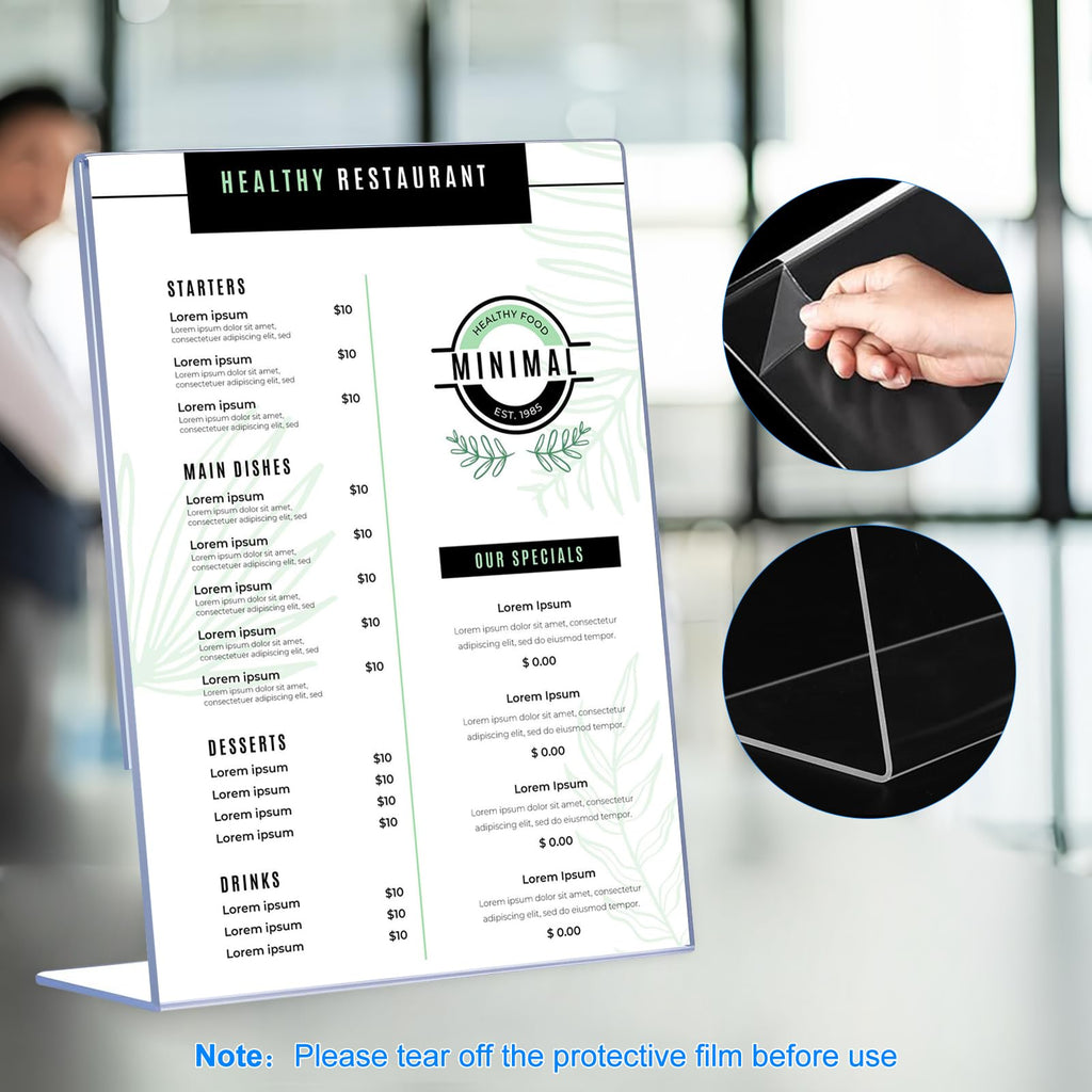 DECOHOBO 18 Pack Acrylic Sign Holder 8.5 x 11, Clear Plastic Display Stands for Tabletop, L-Shape Acrylic Stands for Flyers, Documents, Office, Restaurants, Vertical Sign Holder 8.5x11 for Desktop