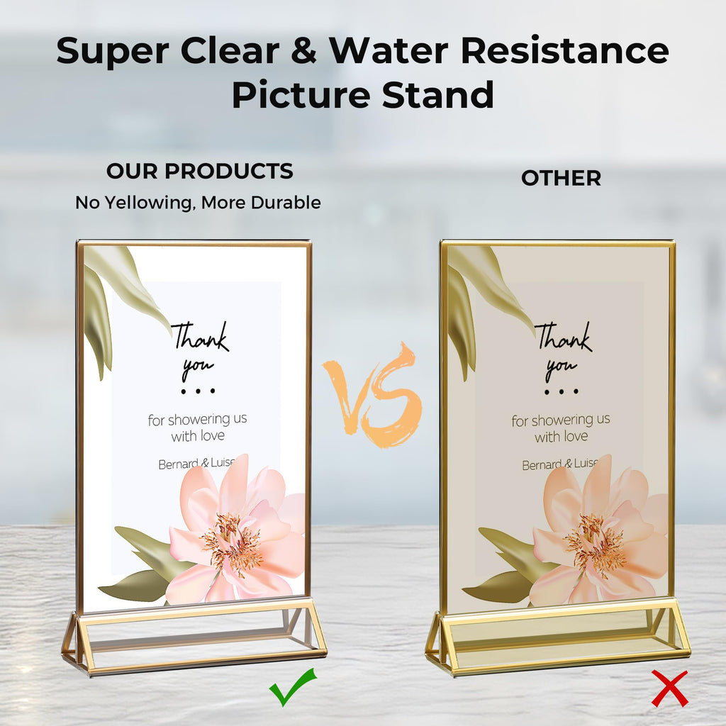 24 Pack Acrylic Sign Holder 4x6 Gold Frames, Wedding Table Number Holders Double Sided Vertical Clear Display Stand, Picture Holders for Tables, Menus, Flyers, Party and Office Decor