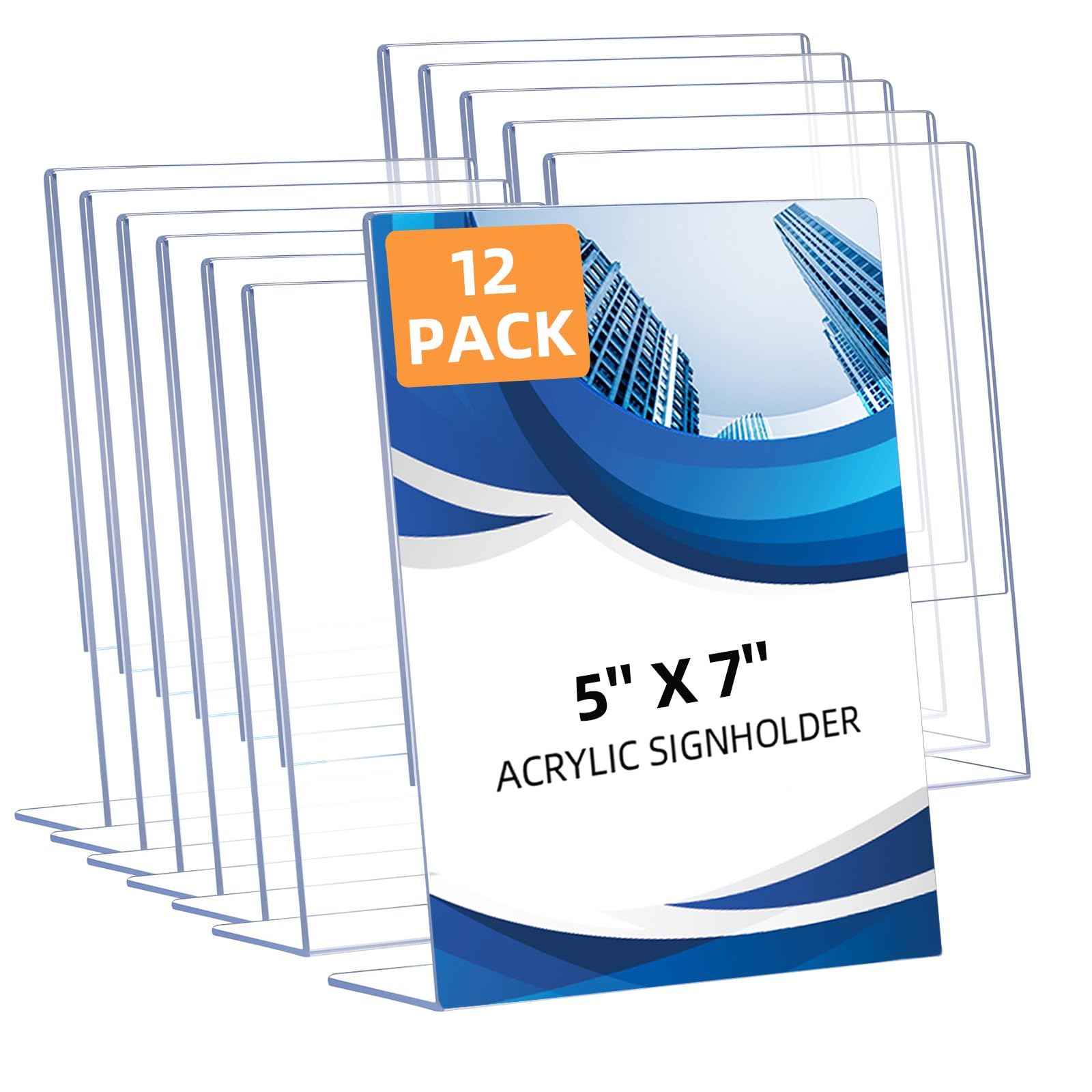 12 Pack Slanted Back Acrylic Sign Holders 5x7 for Business & Store, Tabletop Vertical Sign Holder with Anti-Slip Pads Clear Display Stand, for Menus Flyer Documents Office Restaurants Party Decoration