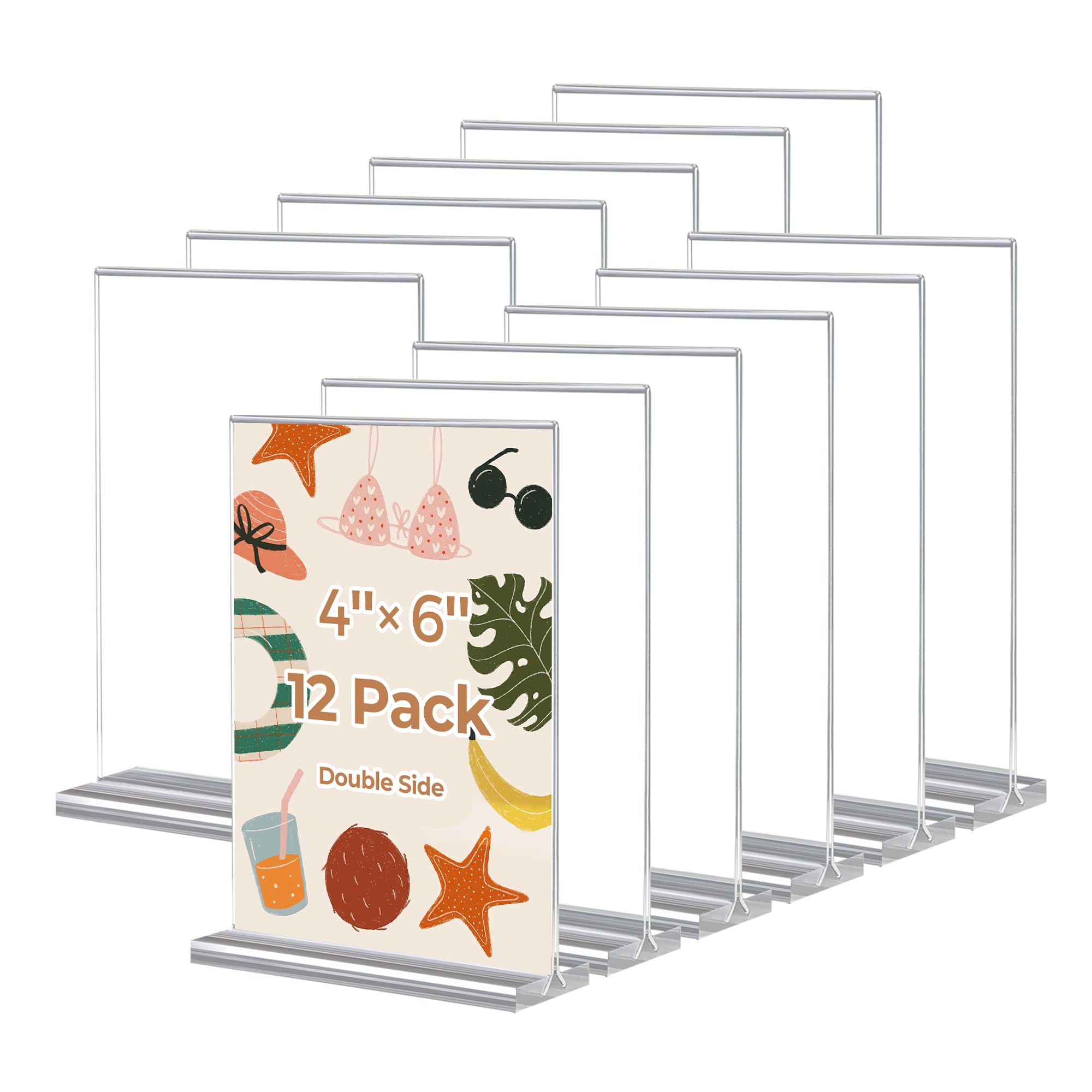 12 Pack Acrylic Sign Holder 4 x 6, Double-Sided Clear Sign Holder Plastic Stands for Display, T Shape Acrylic Table Sign Stands for Office Store Restaurants Wedding Party Decoration