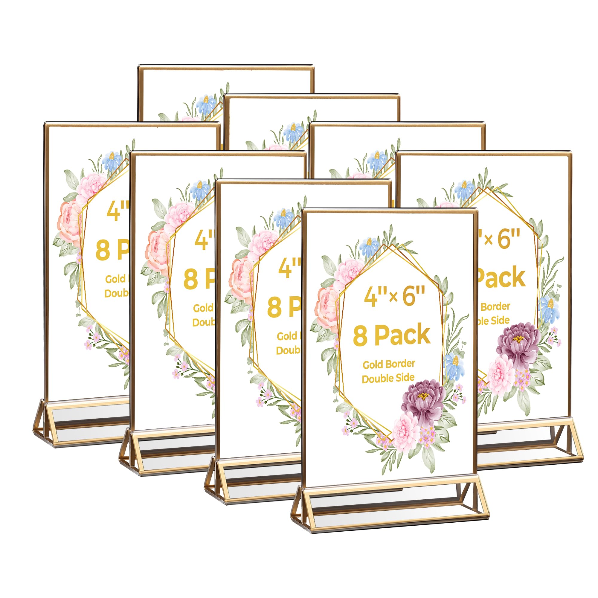 8 Pack Acrylic Sign Holder 4x6 Gold Frames, Wedding Table Number Holders Double Sided Vertical Clear Display Stand, Picture Holders for Tables, Menus, Flyers, Party and Office Decor