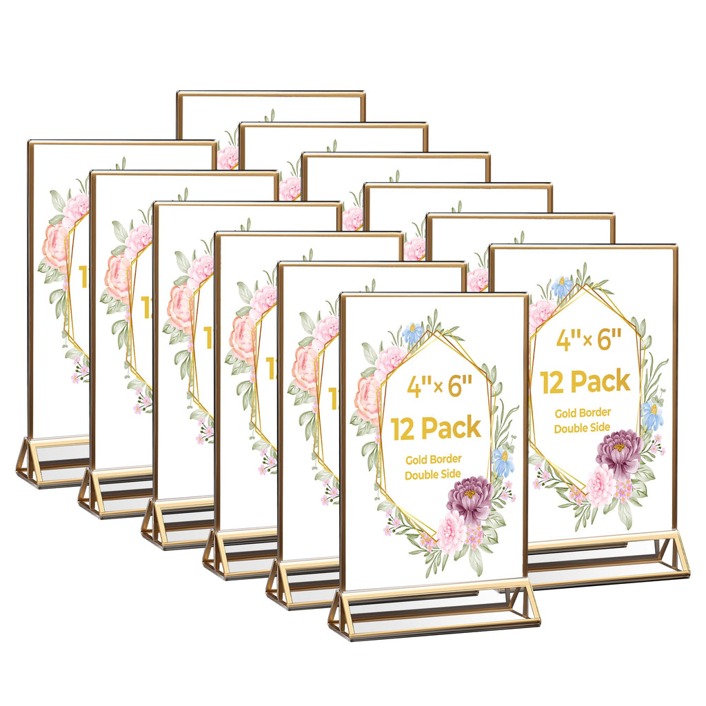 12 Pack Acrylic Sign Holder 4x6 Gold Frames, Wedding Table Number Holders Double Sided Vertical Clear Display Stand, Picture Holders for Tables, Menus, Flyers, Party and Office Decor