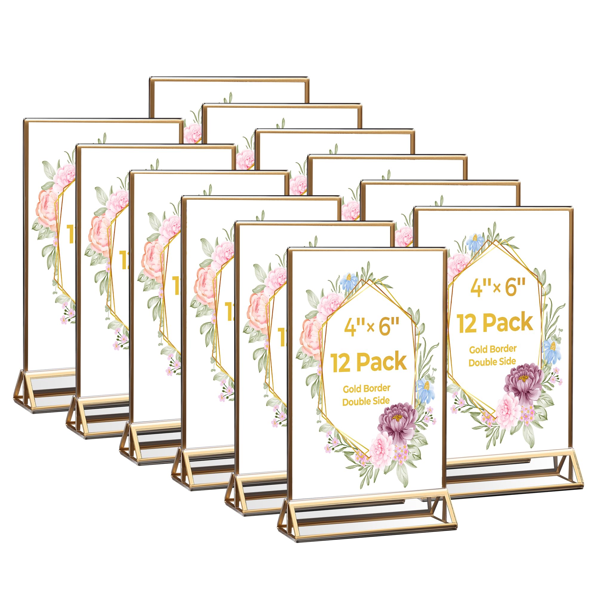 12 Pack Acrylic Sign Holder 4x6 Gold Frames, Wedding Table Number Holders Double Sided Vertical Clear Display Stand, Picture Holders for Tables, Menus, Flyers, Party and Office Decor