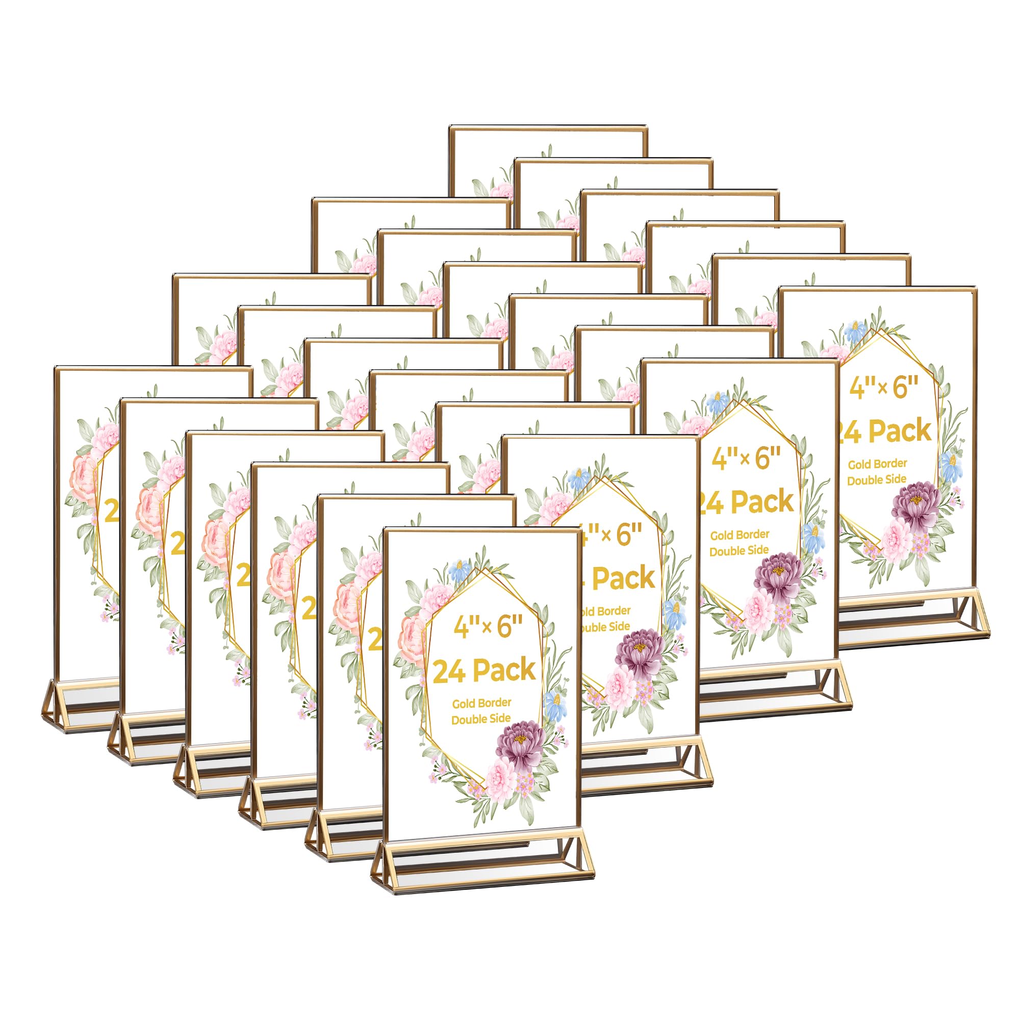 24 Pack Acrylic Sign Holder 4x6 Gold Frames, Wedding Table Number Holders Double Sided Vertical Clear Display Stand, Picture Holders for Tables, Menus, Flyers, Party and Office Decor