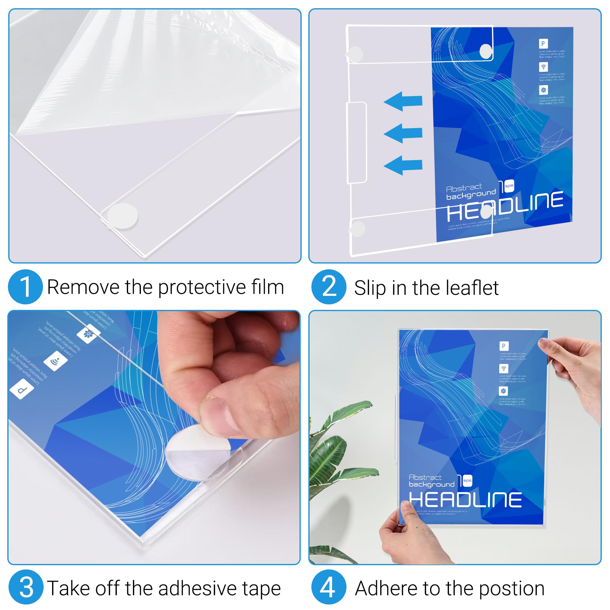 DECOHOBO Acrylic Sign Holder 8.5x11 Wall Mount with Strong Adhesive Tape, No Drilling Vertical & Horizontal Clear Plastic Frame for Office Home Store, Damage-Free Installation (3 Pack)