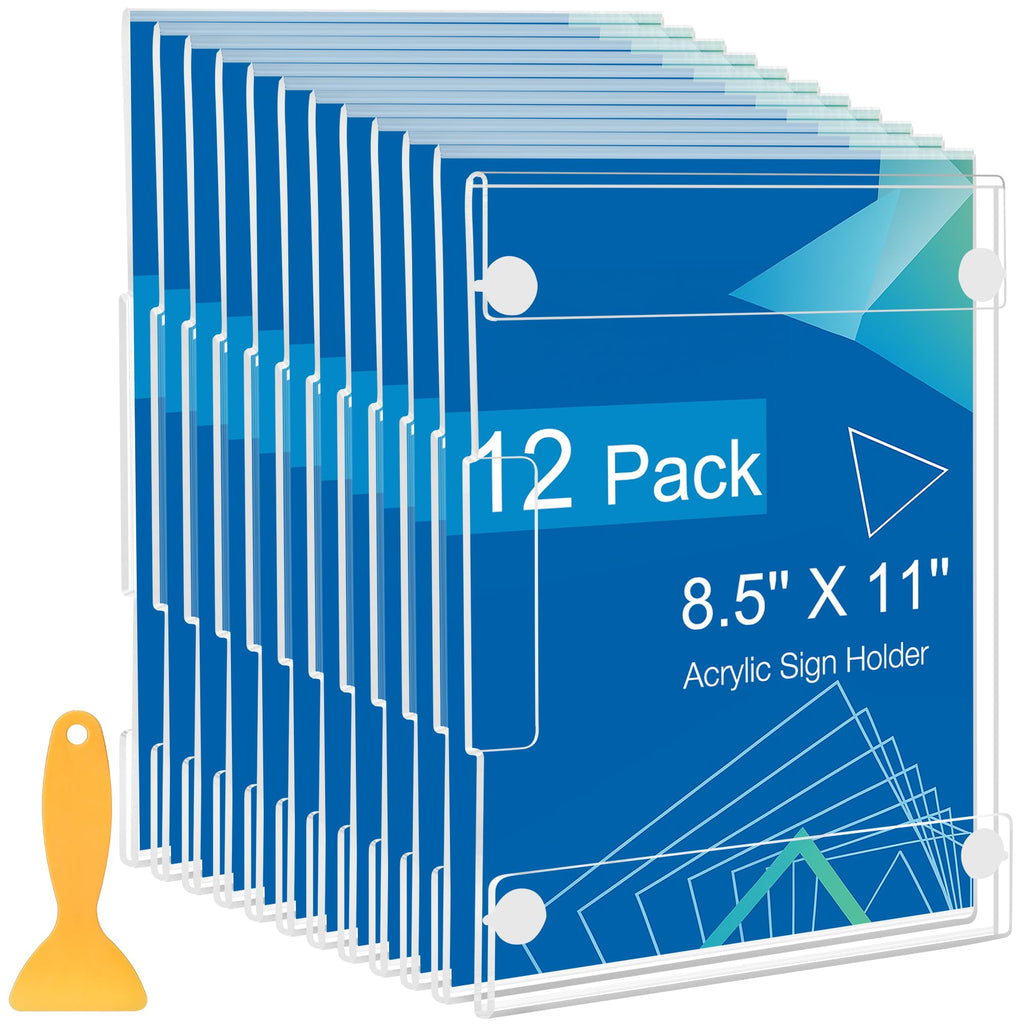 12 Pack Acrylic Sign Holder 8.5 x 11 Wall Mount, Vertical & Horizontal Use, Wall Sign Holder Memo Document Menu Holder for Office Store Restaurants Wedding Party Decoration, No Drilling